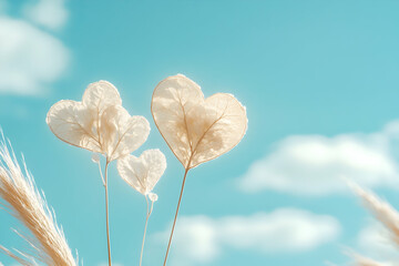 Poster - Three delicate heart-shaped leaves against a bright blue sky with fluffy white clouds.