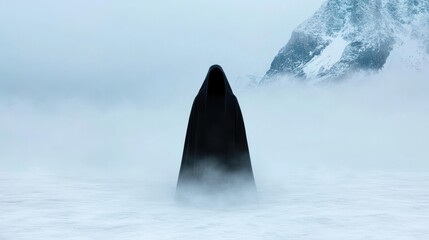 Canvas Print - Mysterious figure in black cloak in snowy landscape