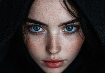 Wall Mural - Intense blue eyes of a young woman with freckles