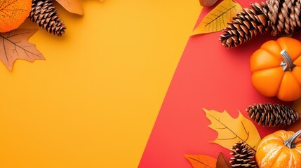 Wall Mural - Autumn Fall Leaves Pumpkins Pine Cones Yellow Red Background