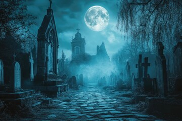 Poster - A Mystical Graveyard Path Under a Full Moon