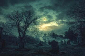 A Mysterious Graveyard under a Full Moon and Cloudy Sky