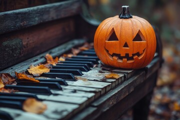 A Carved Jack-O-Lantern Resting on an Old Piano