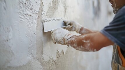  plasterer smoothing out fresh plaster on a wall with a trowel.