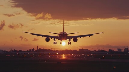 Canvas Print - Plane Landing at Sunset --ar 16:9 --v 6.1 Job ID: 8e413f4e-1a66-47ef-9f3b-e91542385bb2