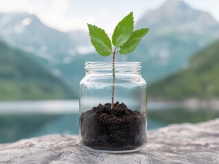 Sticker - young plant growing in glass jar with nature background