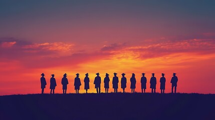 Wall Mural - Silhouettes of students with graduate caps in a row on panoramic sunset background. Graduation ceremony at university web banner