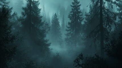 Poster - Mysterious and Serene Foggy Forest Landscape with Towering Evergreens and Atmospheric Mist A dense primeval forest shrouded in a mystical fog creates a hauntingly beautiful and tranquil scene