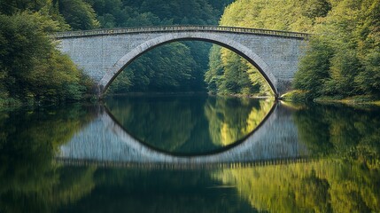 Wall Mural - The arch bridge casts its shadow over the tunnel below, its reflection shimmering in the calm waters, a picturesque scene of architectural elegance and natural beauty