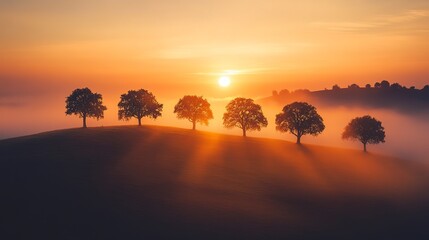 Canvas Print - Dramatic sunrise over the fog and a range of tree silhouettes on a hill a landscape panorama with dreamy sky the rising sun and warm colors