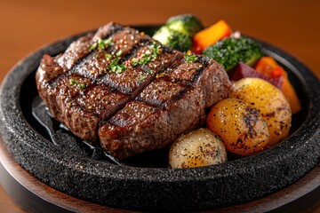 Juicy grilled steak with roasted vegetables