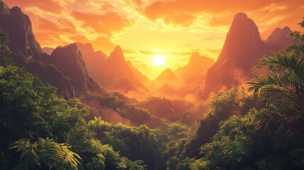 Wall Mural - A stunning panorama of a canyon bathed in the warm glow of a golden hour sunset, with majestic mountain peaks, lush vegetation, and a sense of peace and tranquility.