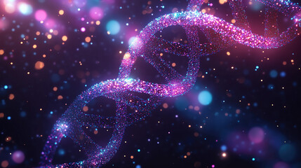 Wall Mural - 3D render of a DNA double helix, with glitter and particles on a dark background