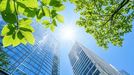 Green Leaves Sun Shining on Modern Skyscrapers