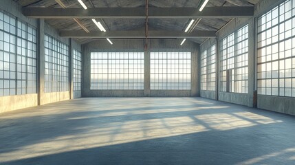 Poster - Empty warehouse Industrial interior with large windows and concrete floor. 