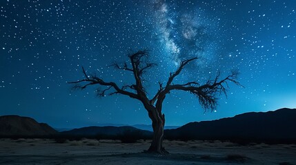 Wall Mural - Dry tree in the middle of the desert under the stars