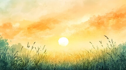 Wall Mural - grassland sunrise watercolor landscape background