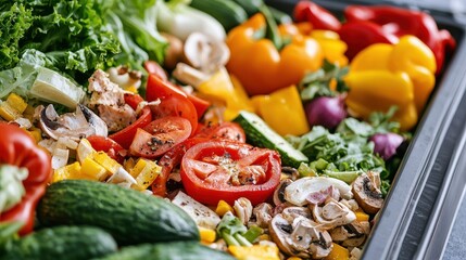 Fresh Vegetables and Mushrooms in a Black Container