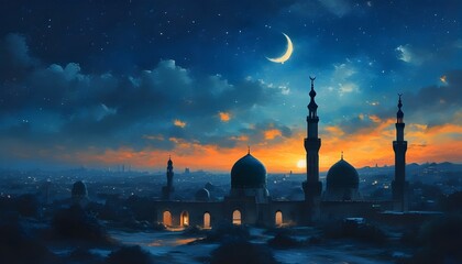 Islamic night sky adorned with stars and moon, illuminating a serene sunset horizon