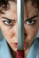 Poster - Intense gaze of a person with a sword