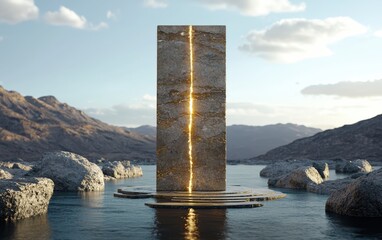 Poster - Mysterious stone monolith in serene lake landscape