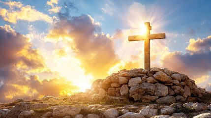 Wall Mural - Wooden Cross on Rocky Hilltop at Sunset