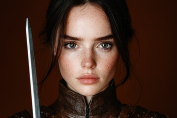 Canvas Print - Intense gaze of a young woman with dark hair and freckles