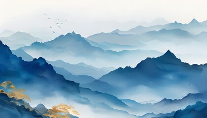 Wall Mural - Oriental luxury landscape with blue mountain backdrop and watercolor brush textures for elegant home decor and artistic prints