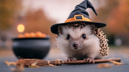 Hedgehog in a witch costume with a tiny broomstick, standing by a cauldron, witch hedgehog, adorable Halloween critter