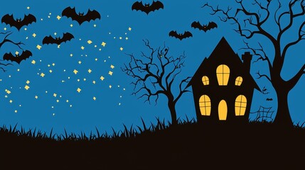 Halloween Haunted House with Bats and Stars