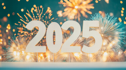 Wall Mural - a New Year scene with the numbers '2025', the background features a festive display of fireworks