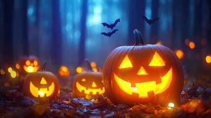 Poster - Glowing Halloween Jack O Lantern in a Dark Forest