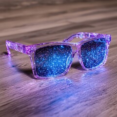 Poster - Sparkling glitter sunglasses on wooden table