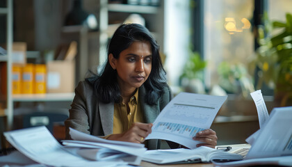 Wall Mural - A woman is sitting at a desk with a stack of papers in front of her