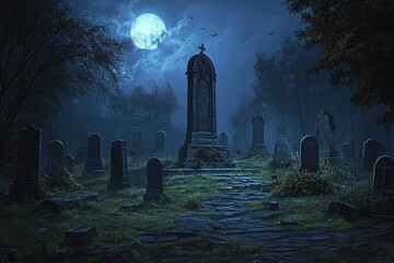 Poster - A Graveyard Under a Full Moon with Stone Tombstones and a Path