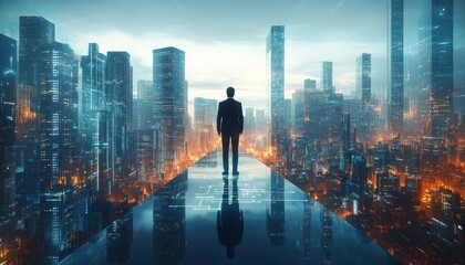 Visionary Businessman Overlooking Futuristic Cyber Metropolis Skyline