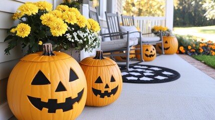 Poster - Jack O Lantern Decor on Porch with Rocking Chairs and Fall Flowers