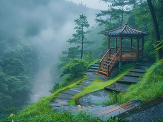 Poster - Serene Gazebo in Misty Mountain Valley