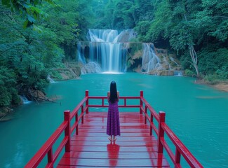 Canvas Print - Woman Standing on Red Bridge Over Turquoise Water Waterfall Background