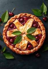 Sticker - Homemade cherry pie with fresh cherries and leaves