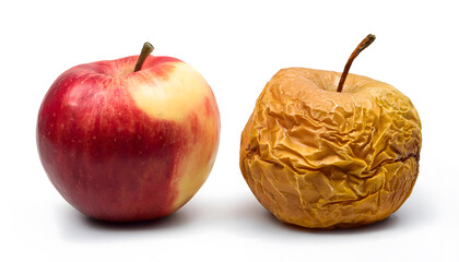 Red fresh apple with Wrinkled  ripe apple ,no leaves isolated on white background. Aging concept. Red is the last fruit for a healthy organic lifestyle