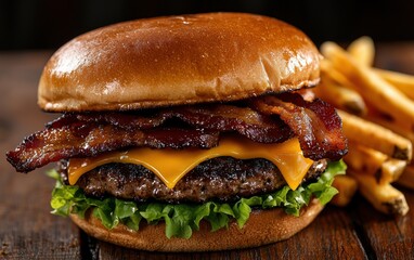 Wall Mural - Delicious cheeseburger with bacon on wooden table