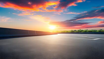 Wall Mural - Vibrant parking lot under a colorful sky with sunlight illuminating cars along a wide asphalt road on a sunny day