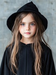 Canvas Print - young girl in black witch costume