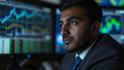 Canvas Print - A man in a suit is looking at a computer screen with multiple graphs