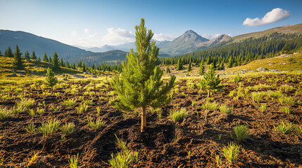 Planting new trees planting new trees in an open area of a mountain conifer trees Hand edited generative AI