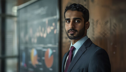 Wall Mural - A man in a suit stands in front of a board with graphs and charts