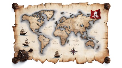 A vintage-style treasure map featuring world continents, ships, and a pirate symbol, evoking adventure and exploration.