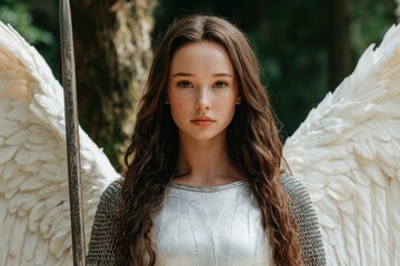 Poster - young woman with angelic wings in nature