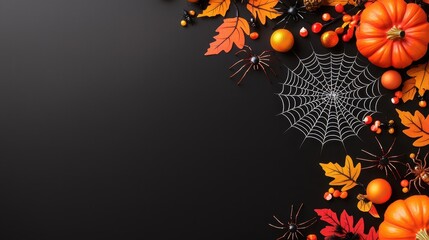 Canvas Print - Halloween Background with Spiders  Pumpkins  Leaves  and Web